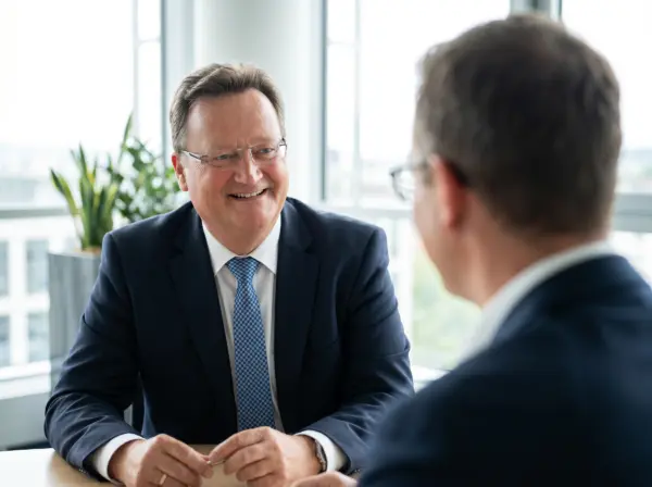 Rudi Heiß im Gespräch mit einem Kunden im Büro